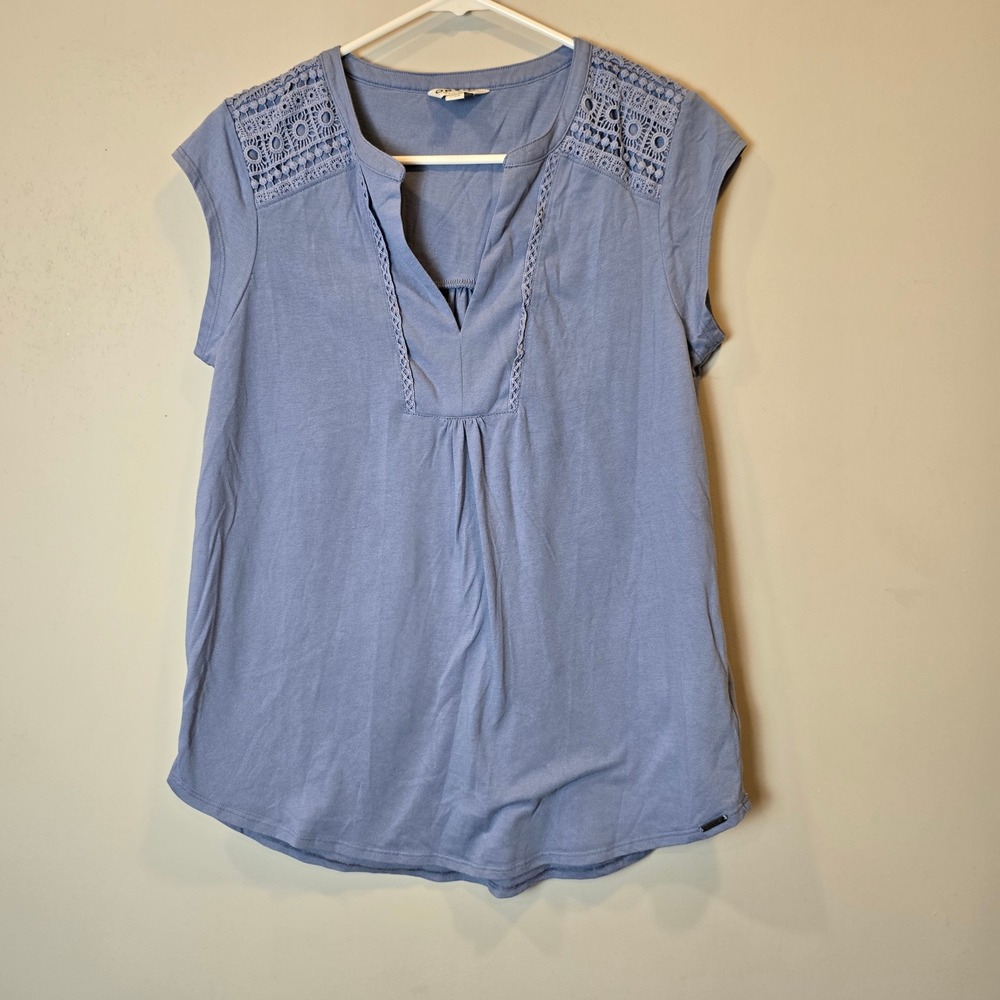 Orvis Shirt Anna Crochet Lace V Neck Short Sleeve Dusty Blue Womens Small - Picture 7 of 7